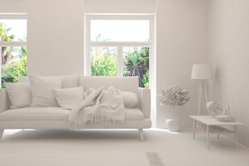 Mock up of stylish room in white color with sofa and green landscape in window. Scandinavian interior design. 3D illustration
