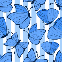 Seamless pattern blue butterfly on striped. For card, textile, fabric, kids, wallpaper. paper design
