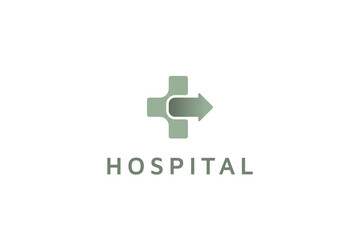 Fototapeta premium Hospital Logo. Green Geometric Shape Cross Sign with Arrow Icon Combination isolated on White Background. Flat Vector Logo Design Template Element for Medical and Healthcare Logos.
