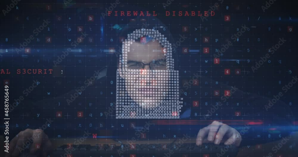 Poster Animation of cyber attack warning over online security padlock and hacker