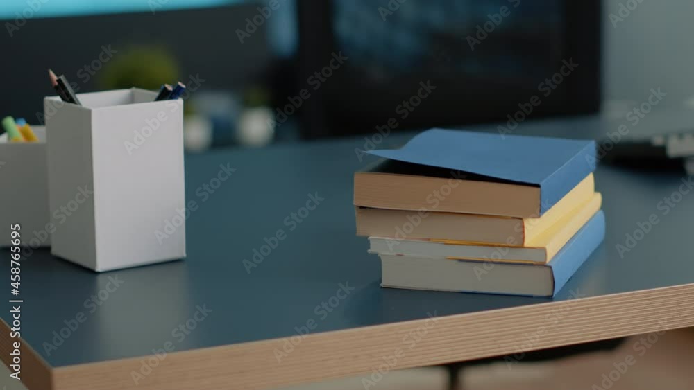 Poster close up of desk with school books for education and studying at home. empty space for young child t
