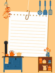 A sheet of notebook hangs on a thread. Note paper, old wood-burning stove, dried herbs and kitchenware. Template for checklist, to-do list or cooking recipe. Vector illustration, flat style.