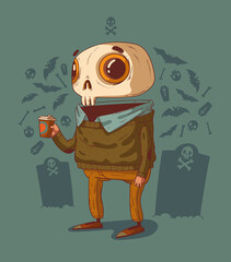 Young casually dressed coffee addicted skeleton with a plastic coffee cup against a background of Halloween symbols