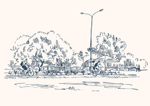 Sketch of a city park with cyclists on a bicycle path.