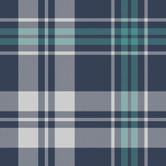 Check pattern in blue, teal green, grey for blanket or duvet cover. Seamless spring summer autumn winter large classic tartan plaid vector for modern fashion or home textile print. Textured design.