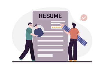 Male employeеs make resume to find job. Cartoon men searching for work. Draft document and summary. Recruitment business staff and cv resume concept