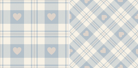 Check plaid pattern with hearts for Valentines Day prints. Seamless tartan vector for flannel shirt, skirt, scarf, blanket, duvet cover, other modern spring summer autumn winter fabric design.