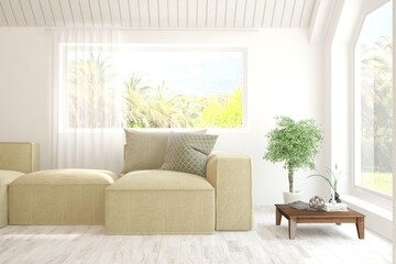 White living room with sofa and summer landscape in window. Scandinavian interior design. 3D illustration