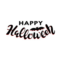 Happy Halloween, black letters with a bat on the white background.  Vector illustration. Hand digital lettering for a banner, a poster, a greeting card, an invitation to a party. Halloween.