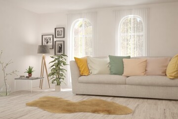 White living room with sofa. Scandinavian interior design. 3D illustration