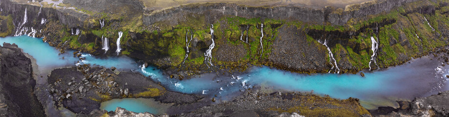 panorama of waterfalls at a blue glacial river in the icelandic highlands