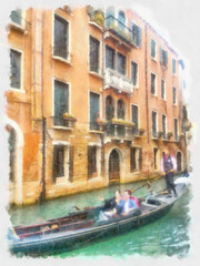 Fototapeta na wymiar Italy. Venice. View to the gondola and Ancient architecture building. Watercolor drawing illustration