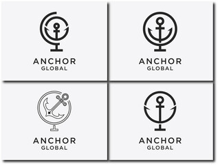 anchor vector and combination of planetary logo Set. Sea and world symbols or icons. Unique naval and globe logo design template, 