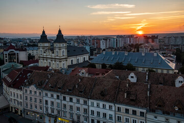 Sunset view to historic down town from city hall in Ivano-Frankivsk, Ukraine. September 2021