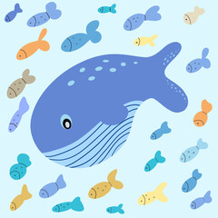Obraz na płótnie Canvas Whale or sperm whale surrounded by colored fish on a blue background. Flat cartoon illustration.