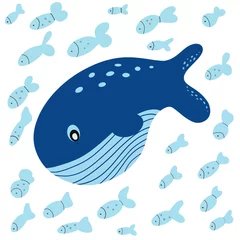 Poster Im Rahmen Blauwal oder Pottwal, umgeben von blauen Fischen isoliert auf weißem Hintergrund. Flache Karikaturillustration. © Veronika Kurochka