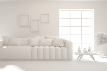 Mock up of stylish room in white color with sofa. Scandinavian interior design. 3D illustration