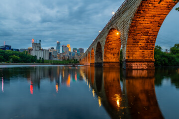 Mill Ruins Park and Stone Arch Bridge at Sunset