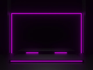3D black scientific podium with purple neon lights