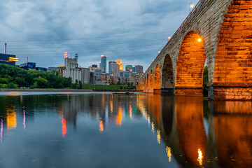 Mill Ruins Park and Stone Arch Bridge at Sunset