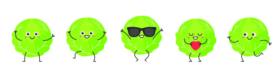 Set cabbage character cartoon emotions joy happiness smiling face jumping running loves icon vegetable beautiful vector illustration.