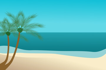 Fototapeta na wymiar Vacation background. Beach with palm trees and blue sea. Vector. 