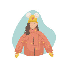 Vector illustration of a girl in a winter sintepon jacket and a knitted hat. Winter clothin