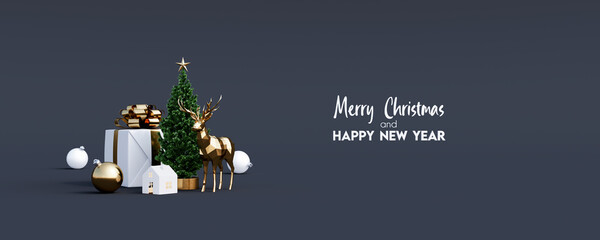 Merry Christmas and Happy New Year greeting card. Black background with copy space 3d render 3d illustration