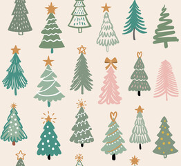 Seamless pattern with Christmas trees. Hand drawing winter fir tree. New year symbol