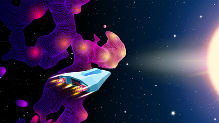 Arcade space ship flying near the blue nebula or space cloud in space landscape. 80s style sci-fi synthwave or retrowave illustration for music banner or cover. © swillklitch
