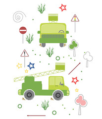 Fototapeta na wymiar Green lorry with lifting gear, road signs, star, arrows.