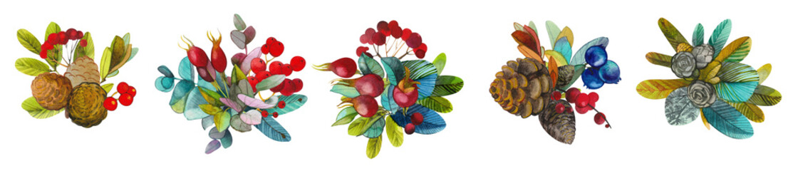 A set of decorative compositions from branches of a Christmas tree, red berries, cones. Christmas new year cute decor hand drawn watercolor painting. For festive winter decoration of products, prints