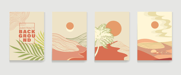 Vector set of abstract wall posters. Background with line wave. Mountain layout design in oriental style. Abstract design for printing, minimalistic and natural wall art, storis for social networks.