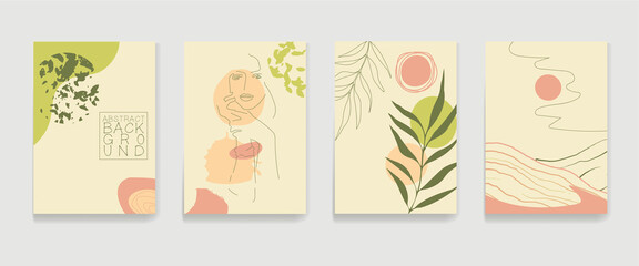 Vector set of abstract wall posters. Drawing a line of foliage, a girl in one line, shapeless spots. Abstract design for printing, cover art, minimalistic wall art, storis for social networks.
