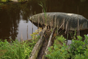 Pond in the forest among the trees with large boulders