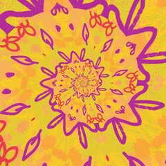 Spiral kaleidoscope simple floral drawing background. Kids creative geometric swirl ornament with nature colors and elements.