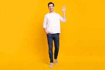 Full body photo of nice brunet millennial guy go wave wear shirt jeans sneakers isolated on yellow color background
