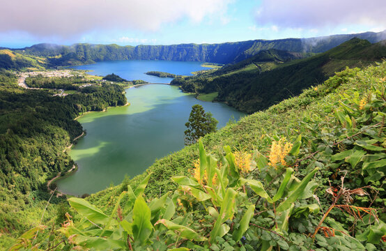 The green and blue lagoon, view from Miradouro da Vista do Rei, Sao Miguel island, Azores