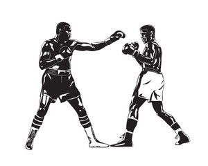 Plakat Boxing kickboxing. Boxers fight duel Isolated on a white background. Black and white graphics. Vector illustration