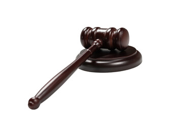 Wooden judge gavel and soundboard isolated on a white background.