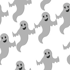 Ghosts seamless pattern, flying spirits in cartoon style on a white background