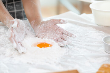 close up woman housewife hands kneading white flour for make a bread