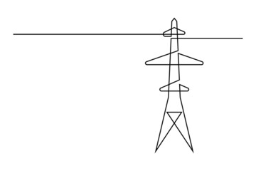 Power line in continuous line art drawing style. Abstract tower with overhead cables for electrical energy transmission black linear design isolated on white background. Vector illustration