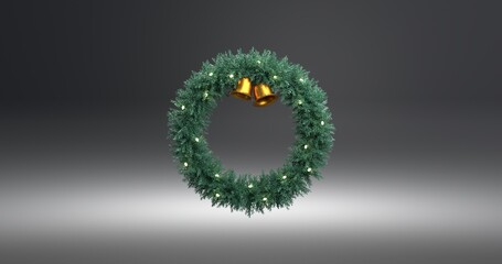 Christmas Wreath with golden bells. 3D rendering