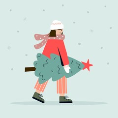 Female character carries a Christmas pine tree. Cheerful young woman with a Christmas fir tree. Christmas Eve or New Years Eve. Girl walking off a fair or market. Flat vector illustration.