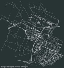 Detailed negative navigation urban street roads map on dark gray background of the quarter Quartiere Borgo Panigale-Reno district of the Italian regional capital city of Bologna, Italy