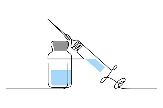 Medical syringe and bottle with liquid drug in continuous line art drawing style. Treatment, immunization and vaccination minimalist design. Vector illustration