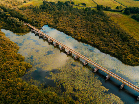Aerial drone view of the beautiful railroad Moerputten bridge in the Netherlands
