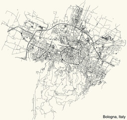 Fototapeta na wymiar Detailed navigation urban street roads map on vintage beige background of the Italian regional capital city of Bologna, Italy
