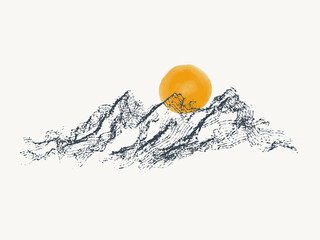 Sunrise or sunset over mountains - abstract watercolor painting sun over mountains - Modern contemporary wall decor - landscape design - minimal graphic design - travel - wanderlust - hiking